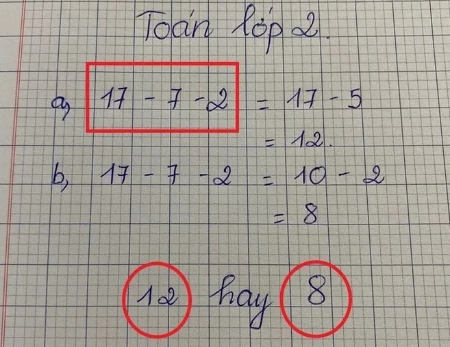 Bài toán lớp 2 “dễ ợt” nhưng khiến phụ huynh tranh cãi: “17- 7- 2 = 12 hay 8”? - ảnh 2