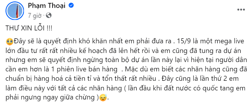 Phạm Thoại chính thức lên tiếng về quyết định hoãn livestream