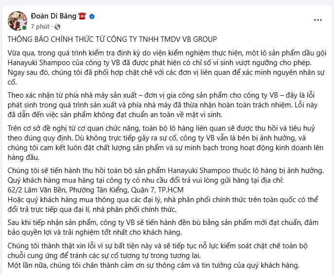 Vợ chồng Đoàn Di Băng lên tiếng sau khi sản phẩm dầu gội bị Bộ Y tế thu hồi và tiêu hủy trên toàn quốc - ảnh 2