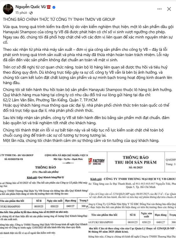 Bài đăng trên trang facebook cá nhân của doanh nhân Nguyễn Quốc Vũ