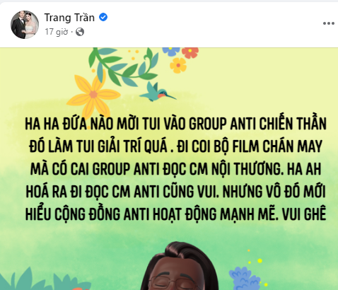 Khá bất ngờ khi Trang Trần cũng đã tham gia group anti-fan Võ Hà Linh để giải trí. Ảnh: Chụp màn hình