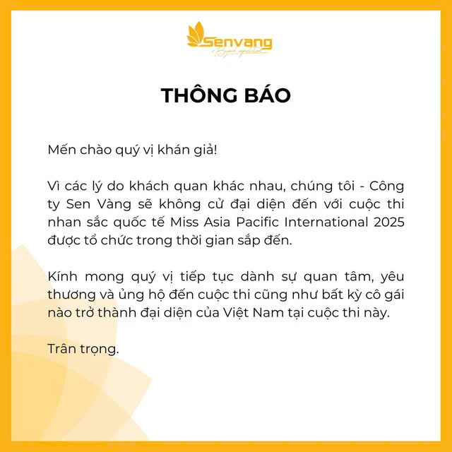 Công ty Sen Vàng thông báo sẽ không cử đại diện Việt Nam tham dự Miss Asia Pacific International 2025