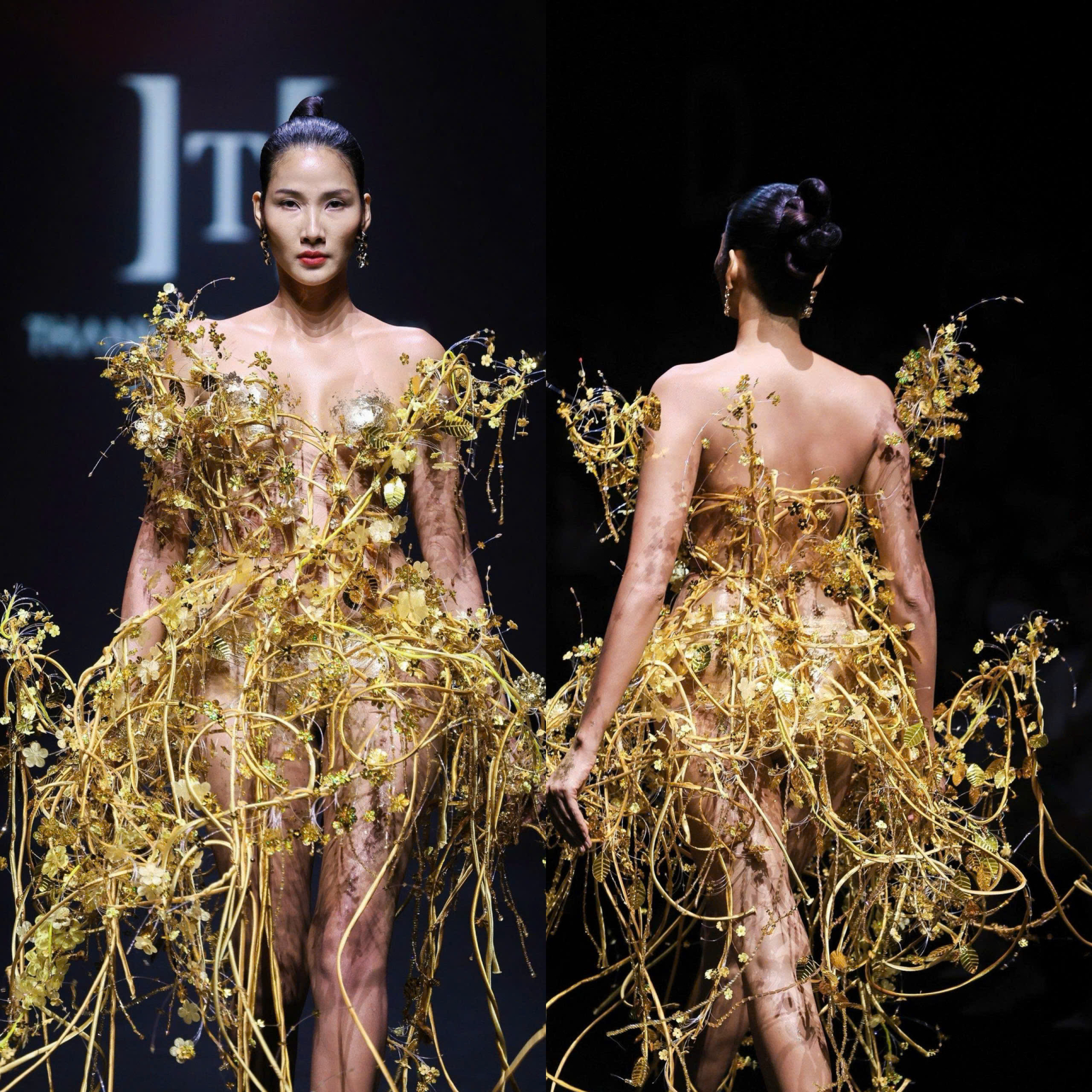 Hoàng Thuỳ mất 1 tiếng dát vàng lên cơ thể cho màn xuất hiện ấn tượng ở vị trí vedette tại SFW SS26 - ảnh 2