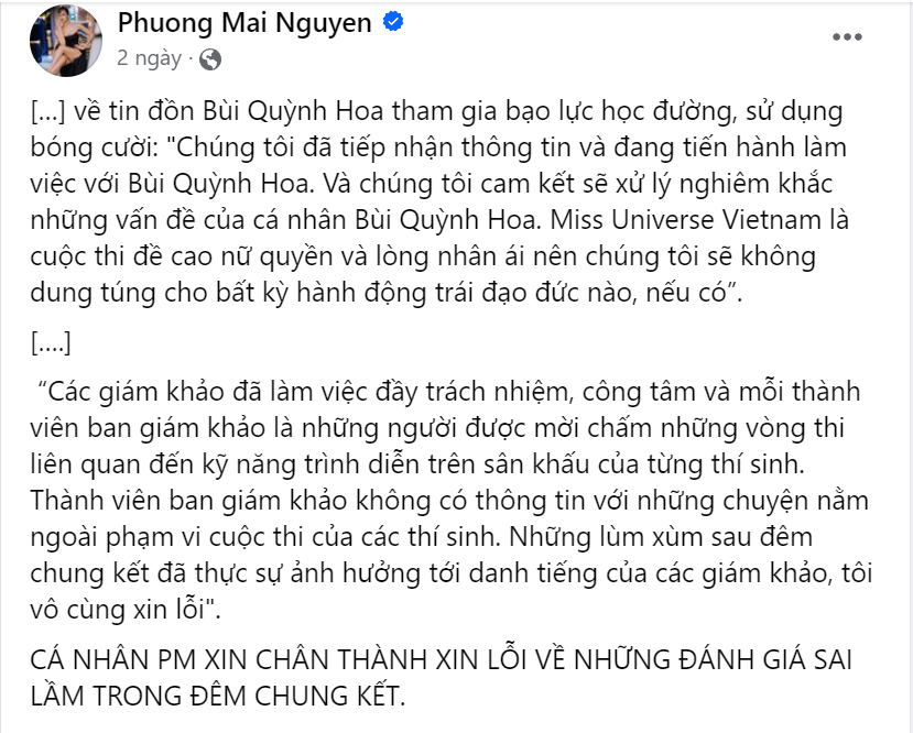 Giám khảo Miss Universe Vietnam xin lỗi vì đánh giá sai, nhận xét Bùi Quỳnh Hoa 'không đủ tư cách Hoa hậu' - ảnh 2