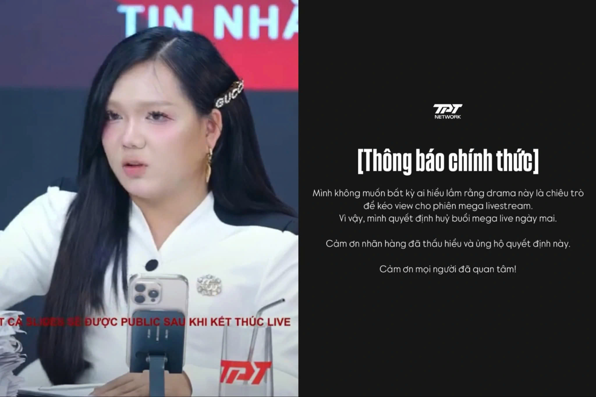 Thông báo hủy buổi mega live của Phạm Thoại. (ẢNH: FBNV)