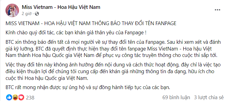 Fanpage cuộc thi Hoa hậu Việt Nam bất ngờ đổi tên, sau 35 năm tổ chức liệu có nguy cơ tạm dừng? - ảnh 2