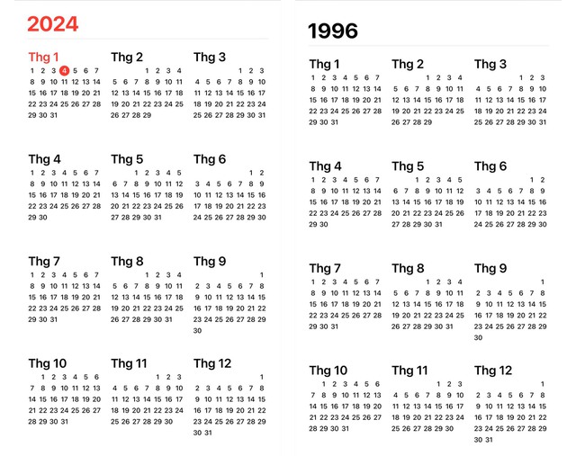 Kỳ lạ lịch năm 1996 và năm 2024 giống y hệt nhau, vì sao như vậy và có ý nghĩa gì không? - ảnh 1