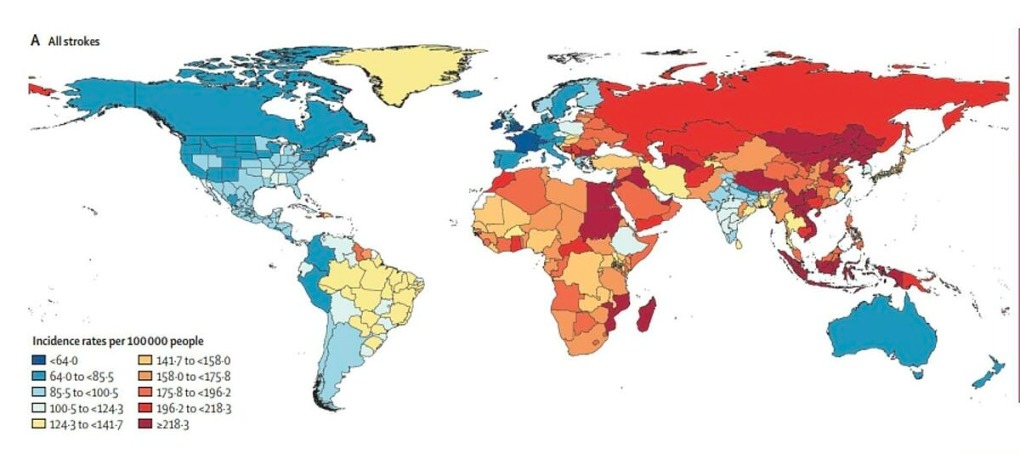 Việt Nam nằm trong số những quốc gia có màu đỏ đậm nhất trên bản đồ tỷ lệ đột quỵ thế giới (ước tính trên 100.000 dân của các quốc gia) - Ảnh: NEJM