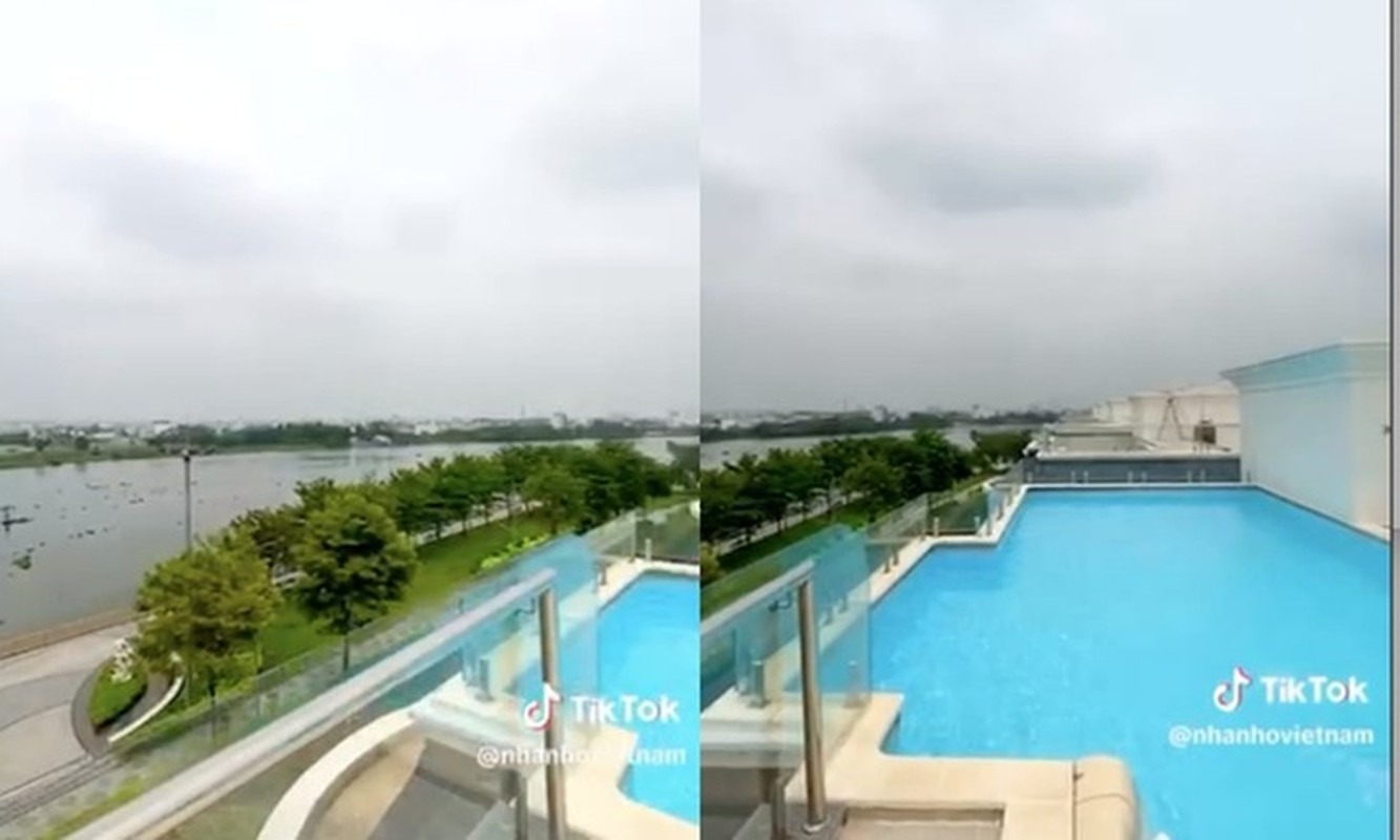 Khu vực sân thượng được xây một hồ bơi cực rộng, với view nhìn ngắm được toàn cảnh sông Sài Gòn - Ảnh: @nhanhovietnam