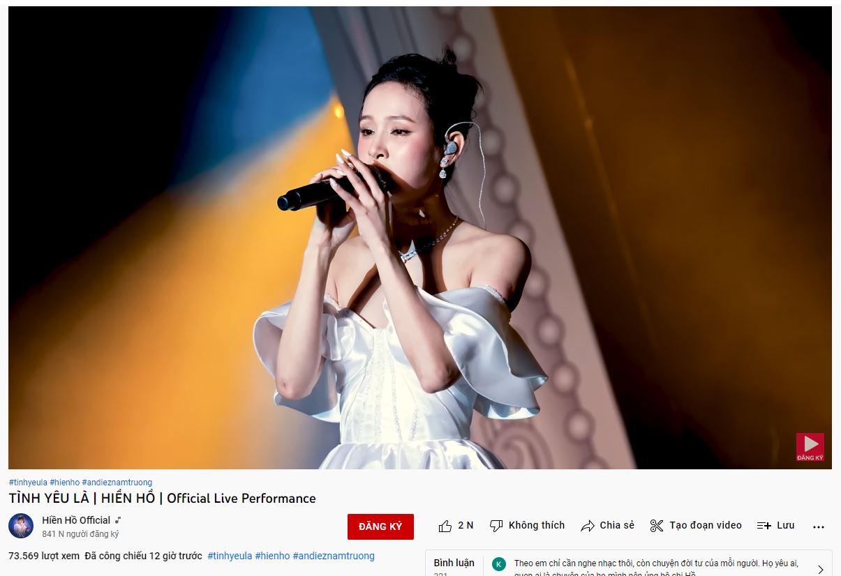 Tối ngày 19/9, Hiền Hồ phát hành bản ghi hình màn biểu diễn ca khúc 'Tình yêu là' do Andiez Hoài Nam sáng tác và thể hiện năm 2018