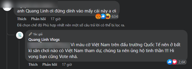 Đáp trả bình luận khuyên anh không nên dính vào những cuộc thi nhan sắc, Quang Linh Vlog cho biết tất cả đều vì 'màu cờ sắc áo'