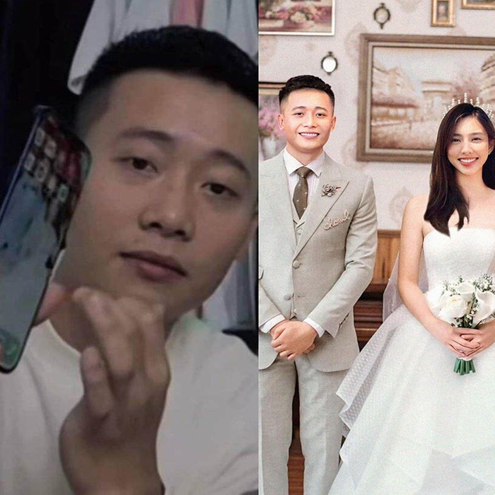 Ảnh nền điện thoại mà Quang Linh cầm trên tay chính là ảnh cưới giữa anh với Thùy Tiên được fan chỉnh sửa