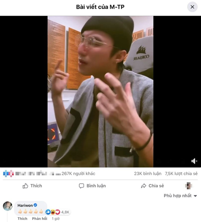 Hari Won 'like' mạnh bản cover của Sơn Tùng M-TP