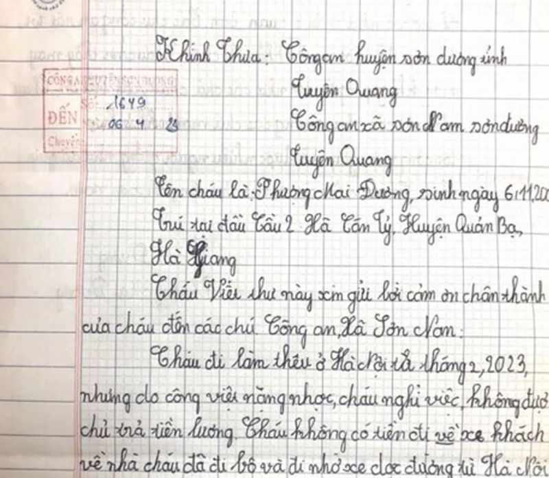 Dương viết thư tay bày tỏ lòng biết ơn các cán bộ công an ở huyện Sơn Dương
