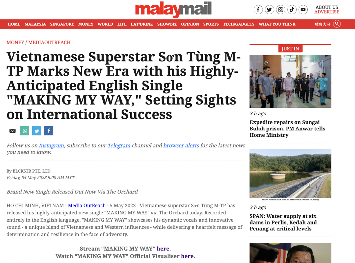 Truyền thông quốc tế đưa tin về màn comeback của Sơn Tùng M-TP
