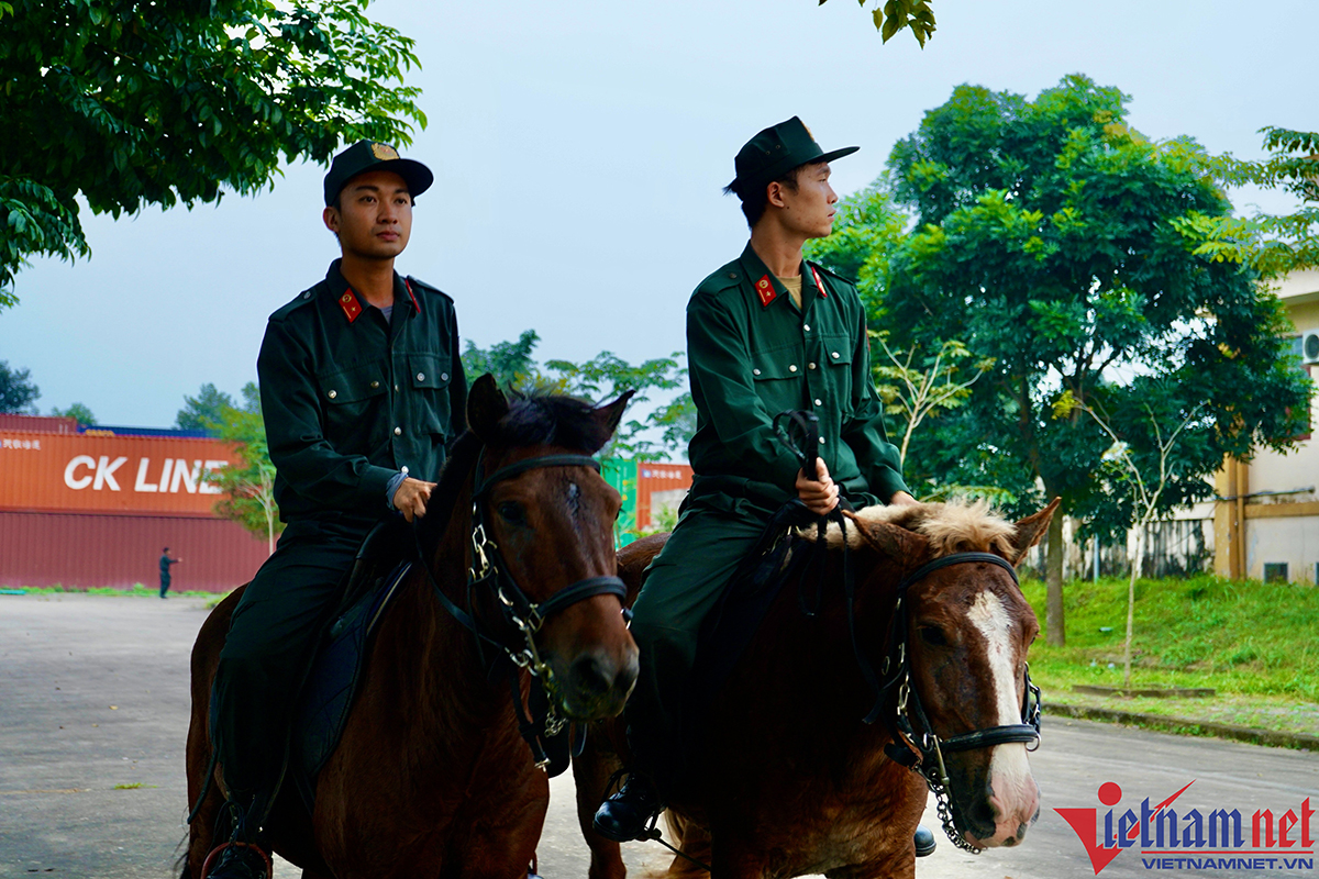 Các chiến sĩ cảnh sát cơ động thuần phục ngựa (Ảnh: Vietnamnet)