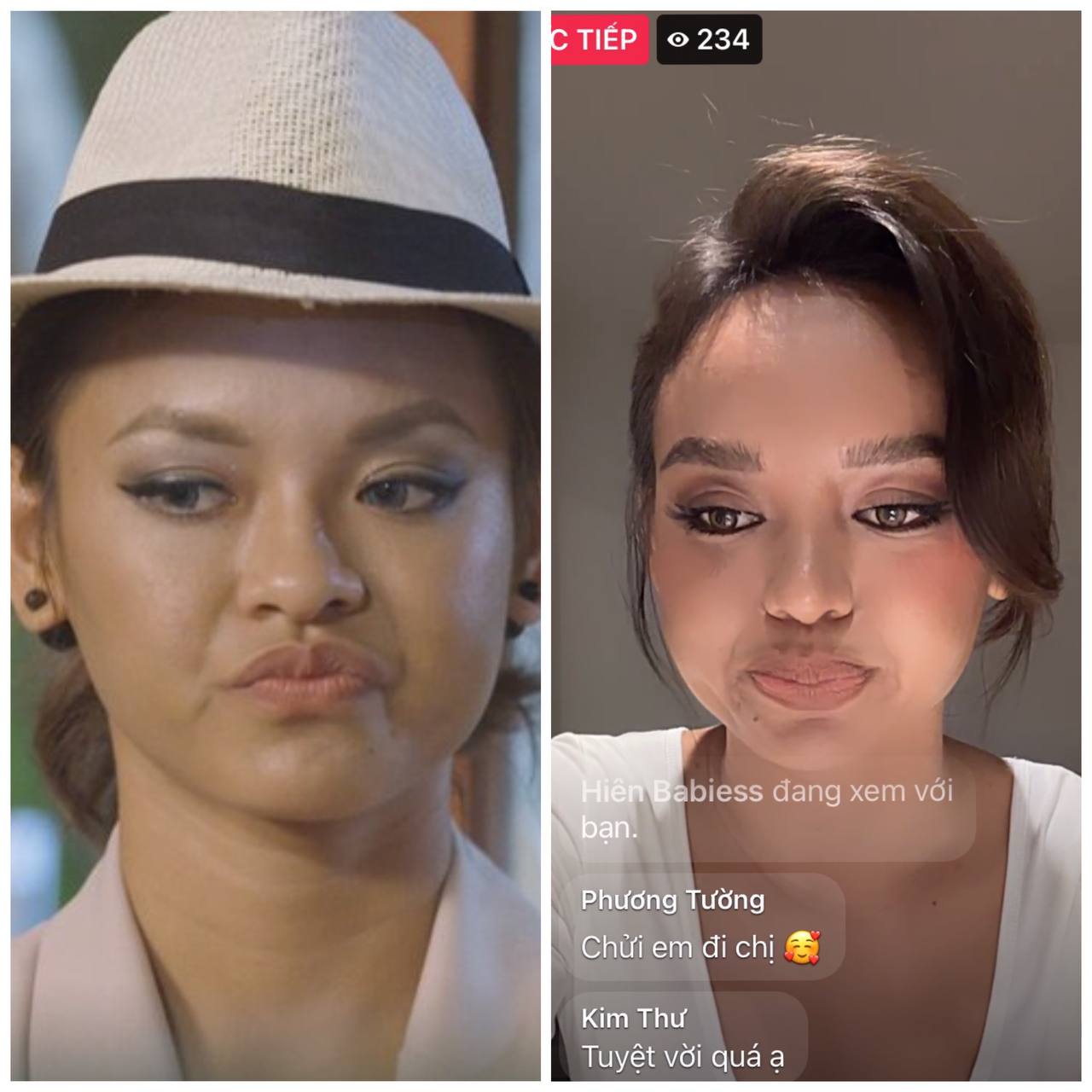 Hình ảnh so sánh chiếc mũi của Mai Ngô trước kia và trong livestream mới nhất thấy rõ sự khác biệt