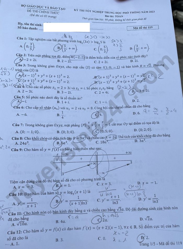 Gợi ý đáp án thi tốt nghiệp THPT 2023 môn Toán mã đề 119 - ảnh 1