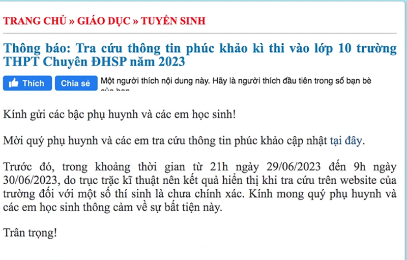 Thông báo nhầm lẫn kết quả điểm phúc khảo trên website của trường chuyên Sư phạm Hà Nội