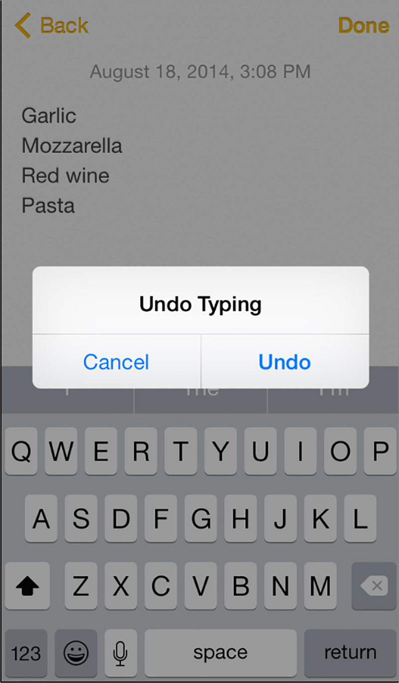 Khi lắc iPhone sẽ hiện ra thông báo 'Undo Typing' giúp người dùng hoàn tác lại trước đó