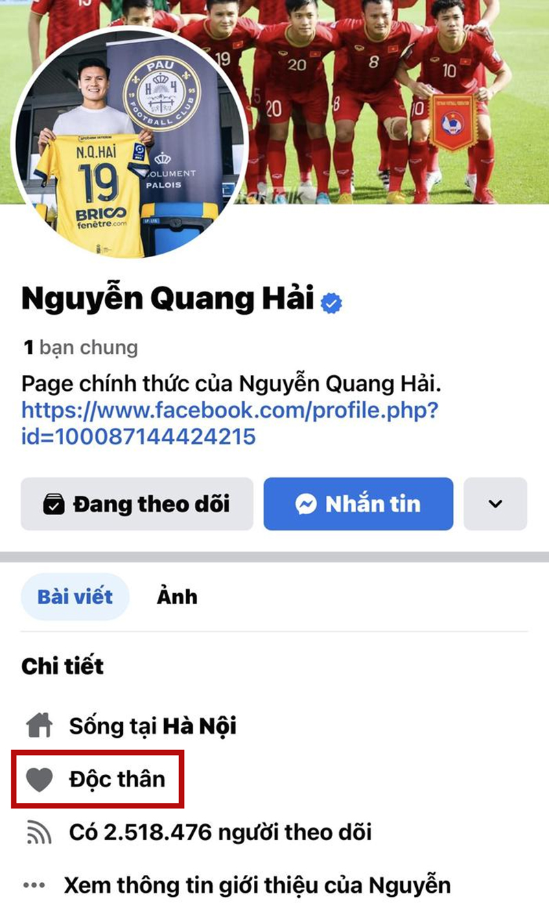 Quang Hải bất ngờ cập nhật chế độ độc thân trên Facebook