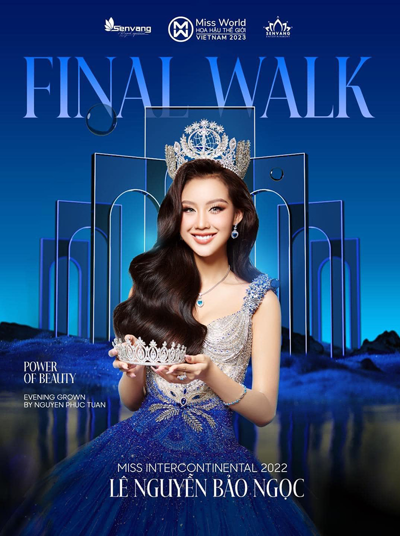 Bảo Ngọc xuất hiện trong poster Miss World Vietnam khi đội vương miện Miss Intercontinental, còn tiara á hậu 1 lại cầm trên tay