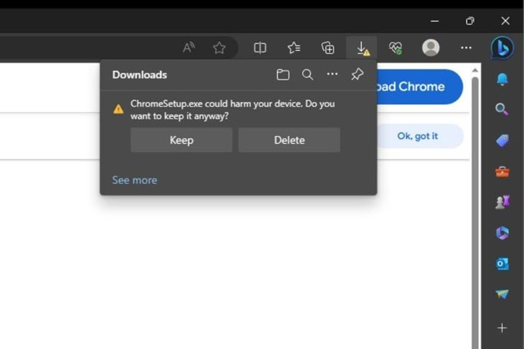 Microsoft Edge 'gắn cờ' cảnh báo với tệp tải về từ Chrome