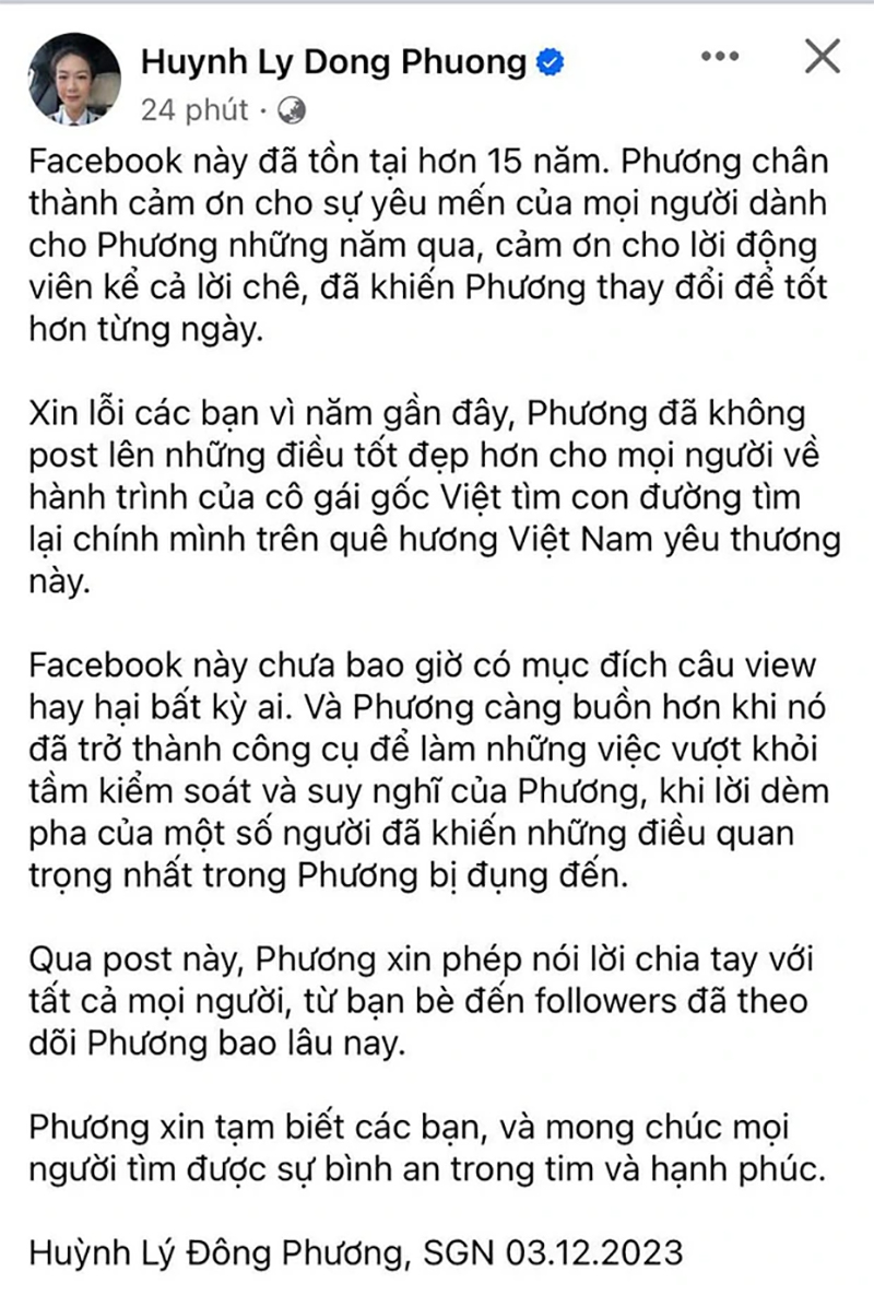 Huỳnh Lý Đông Phương đăng bài viết dài trong đêm 3/12