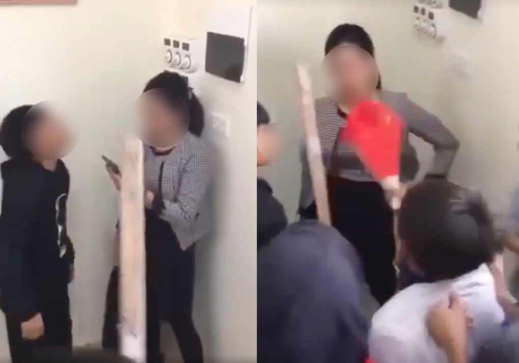 Nhóm học sinh hùa nhau dồn cô giáo vào vách tường và bắt đầu có hành động phỉ báng, đe dọa bạo lực với cô