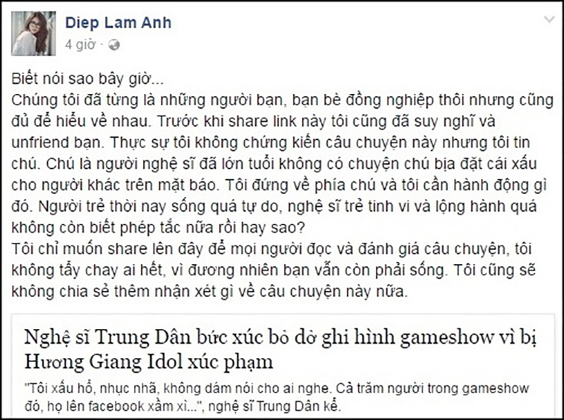 Diệp Lâm Anh unfriend Hương Giang vì lùm xùm giữa Hương Giang với nghệ sĩ Trung Dân