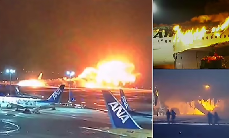 Một số hình ảnh cho thấy chiếc máy bay của hãng Japan Airlines đã bốc cháy dữ dội khi hạ cánh xuống đường băng tại sân bay Tokyo Haneda vào chiều tối ngày 2/1