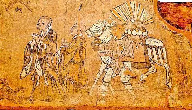 Tranh vẽ minh hoạ Huyền Trang và một người phía sau, được cho là nguyên mẫu của Tôn Ngộ Không