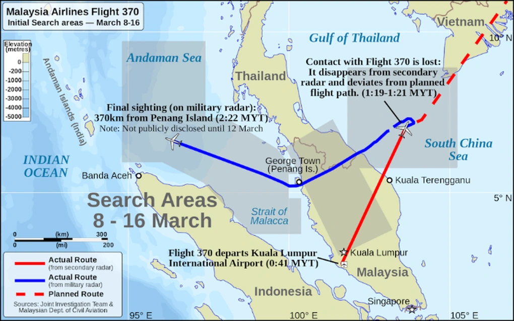 Hình ảnh cho thấy tín hiệu của máy bay MH370 nằm lệch hoàn toàn so với hướng bay đúng của hành trình