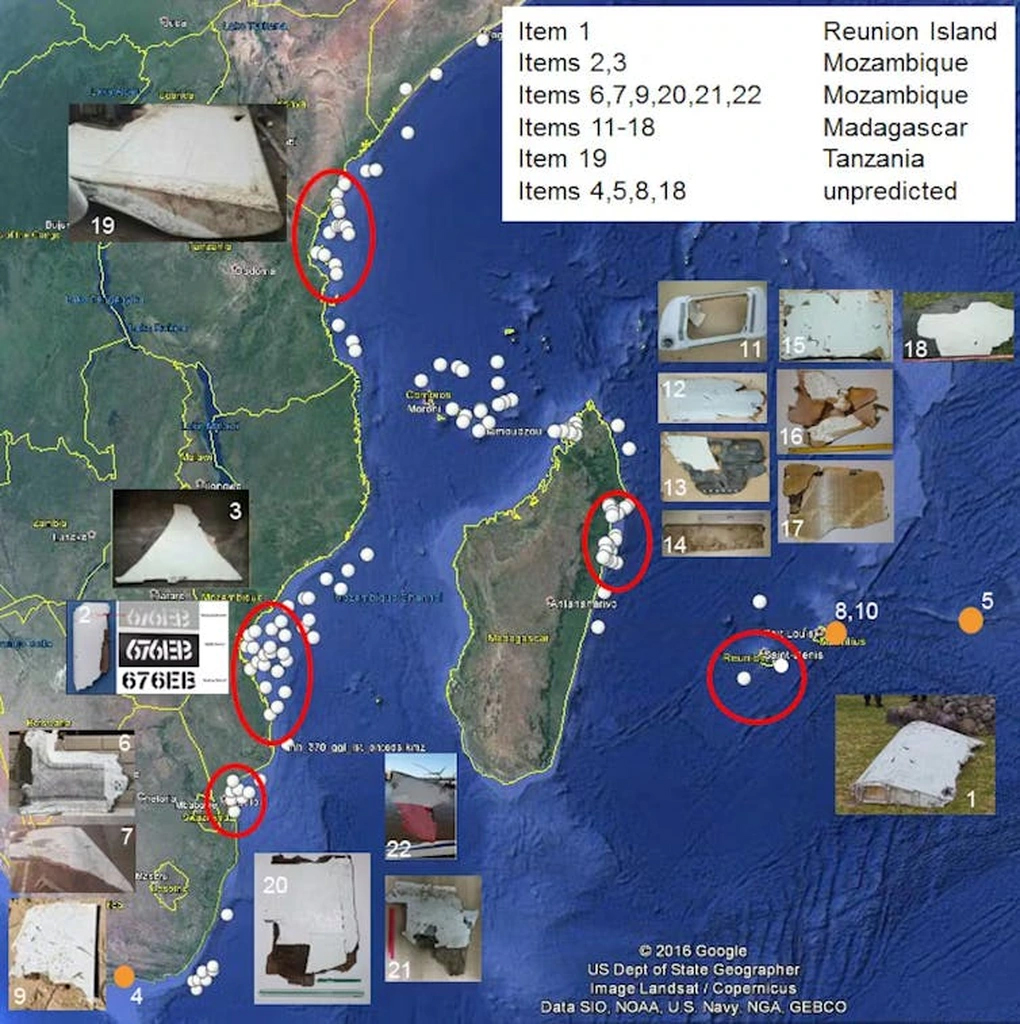 Những nơi tìm thấy mảnh vỡ máy bay MH370 được đánh dấu trong suốt nhiều năm qua
