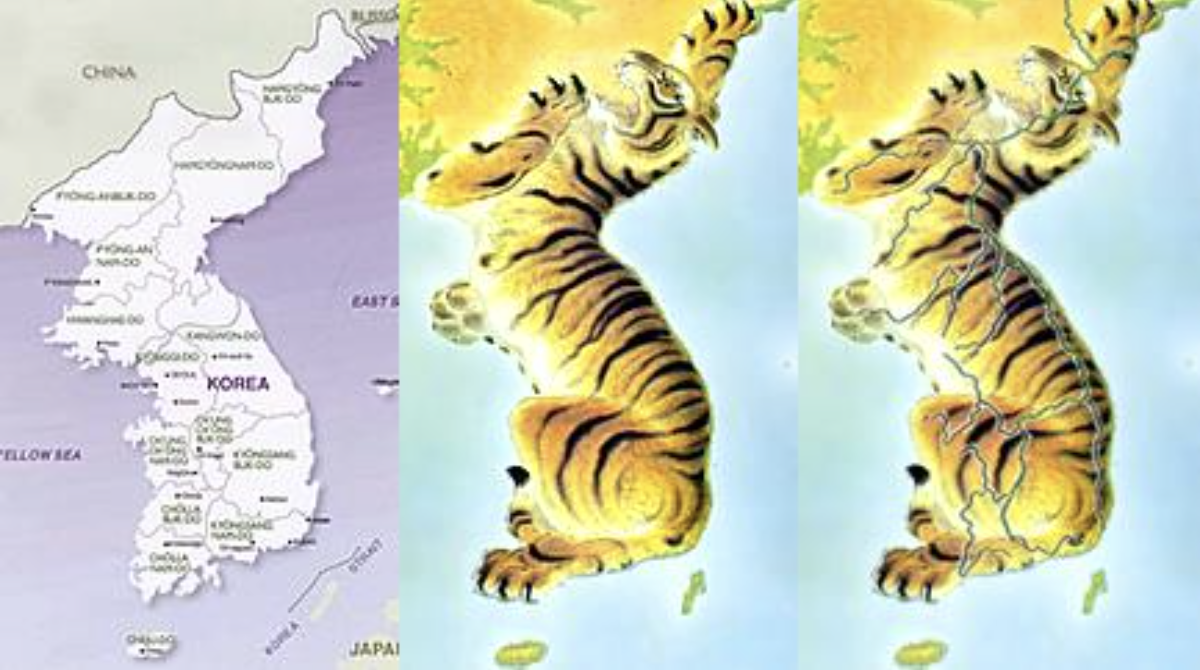 Bản đồ bán đảo Triều Tiên được ví như một con hổ đang bấu vào lục địa, vị trí 'eo hổ' nằm gần biên giới giữa Triều Tiên và Hàn Quốc
