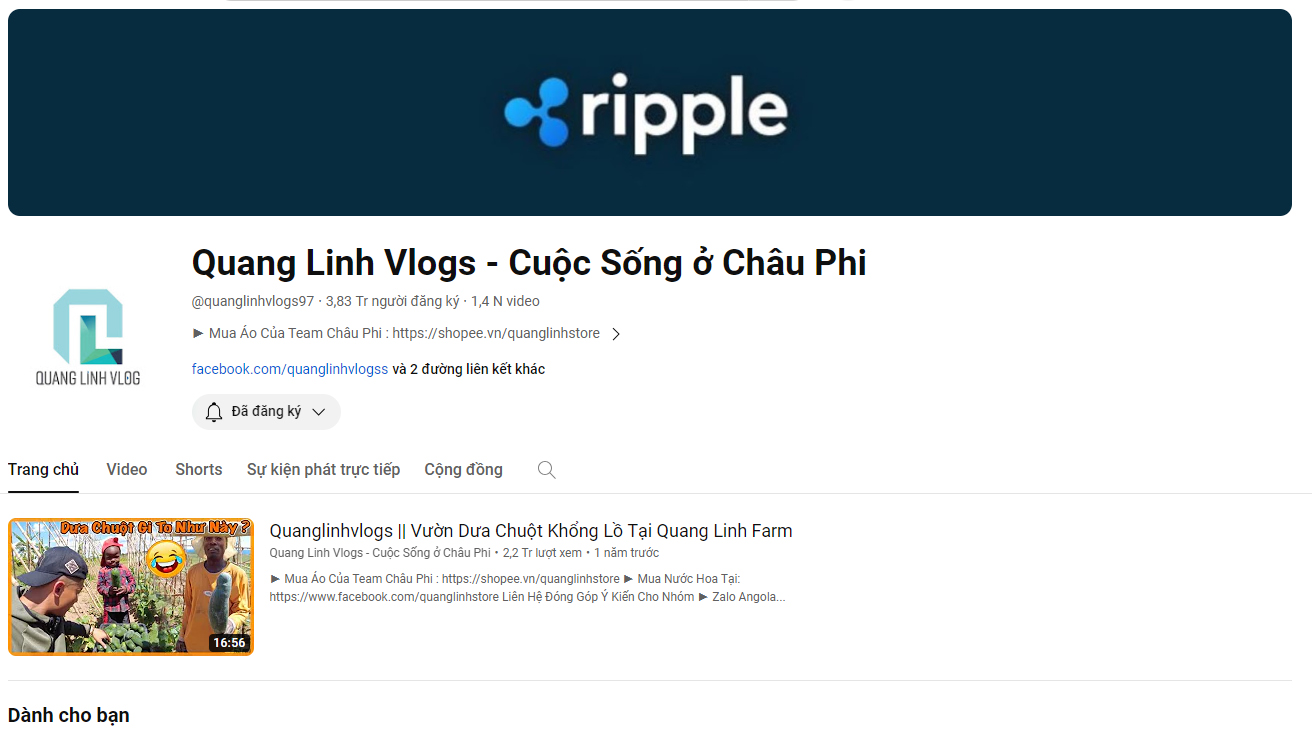 Quang Linh Vlog bị hack kênh và đổi tên, ảnh đại diện thành đồng tiền ảo Ripple