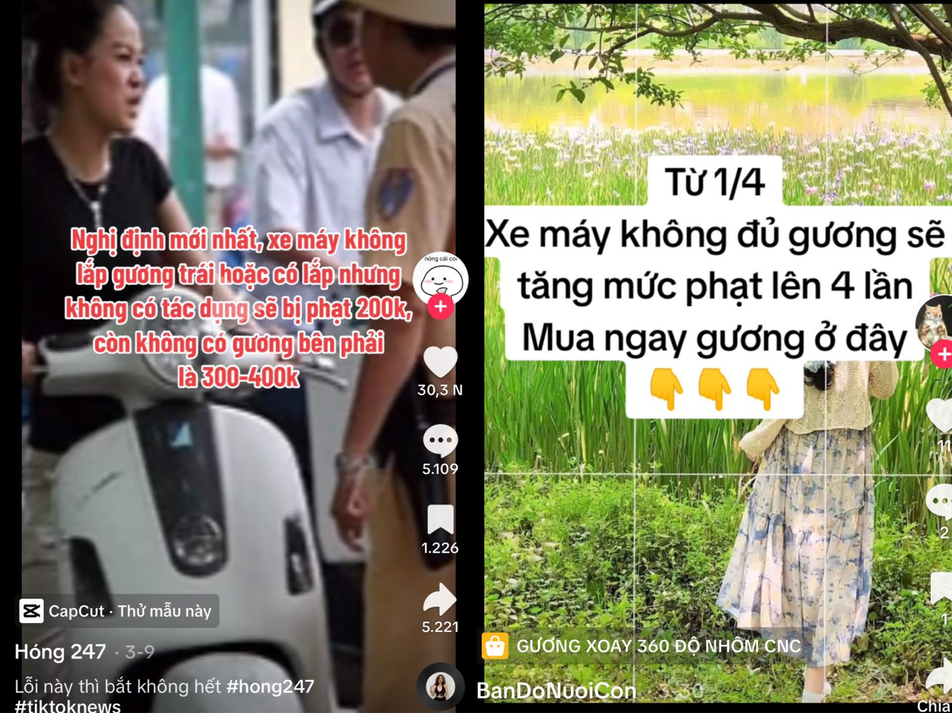 Nhiều video trên Tiktok chia sẻ thông tin về việc xử phạt hành chính gấp 4 lần với xe máy không có gương chiếu hậu bên phải khiến netizen hoang mang