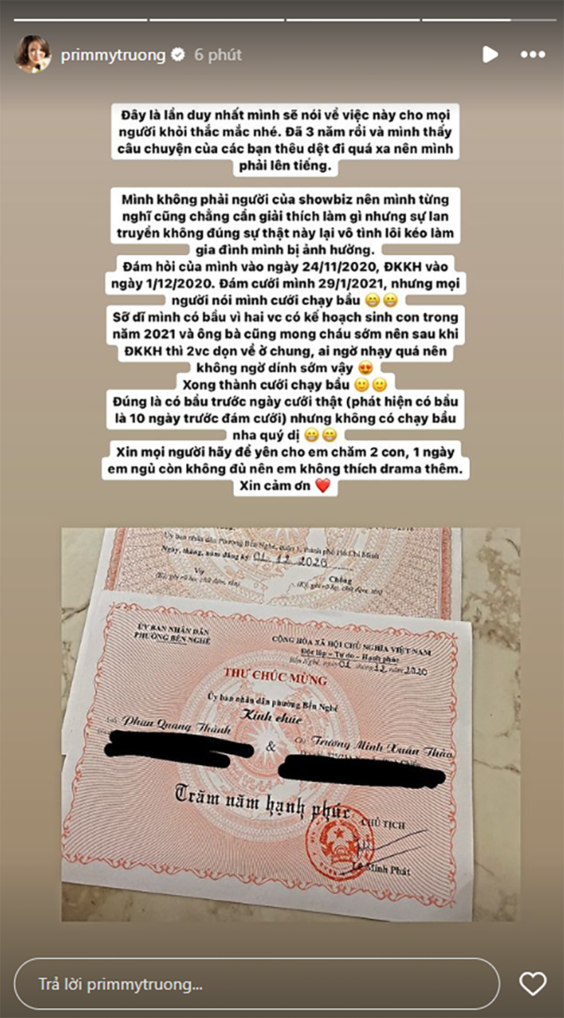 Primmy Trương đăng ảnh giấy đăng ký kết hôn để đính chính tin đồn cưới chạy bầu