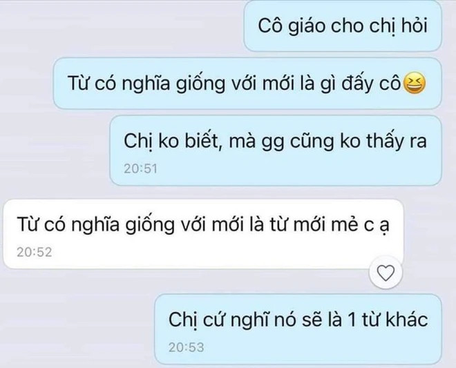 Cô giáo giải đáp rằng từ đồng nghĩa của 'mới' là 'mới mẻ'