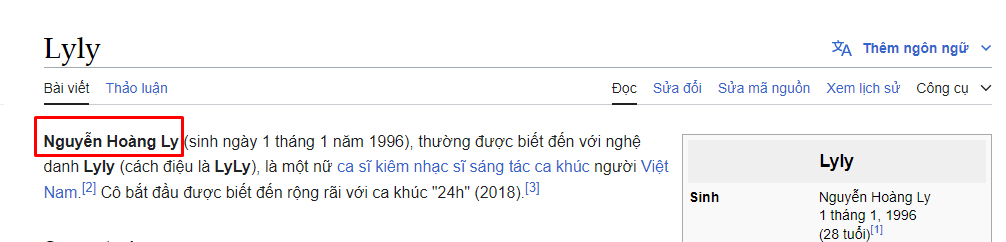 Thông tin trên Wikipedia của LyLy cũng nhầm lẫn tên thật của cô