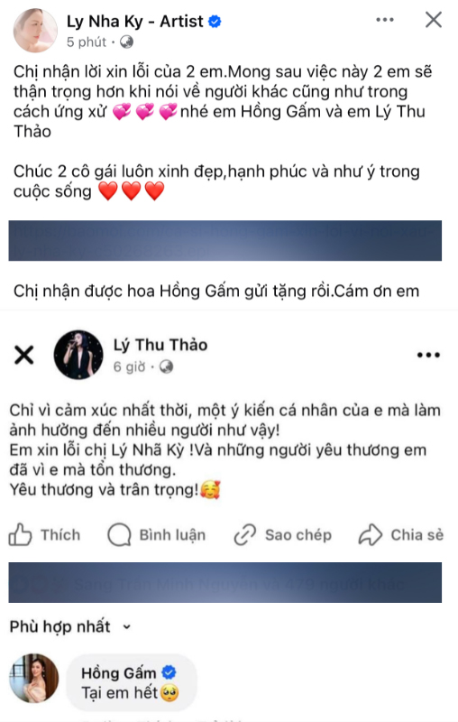 Lý Nhã Kỳ share lại bài xin lỗi của Lý Thu Thảo và Hồng Gấm