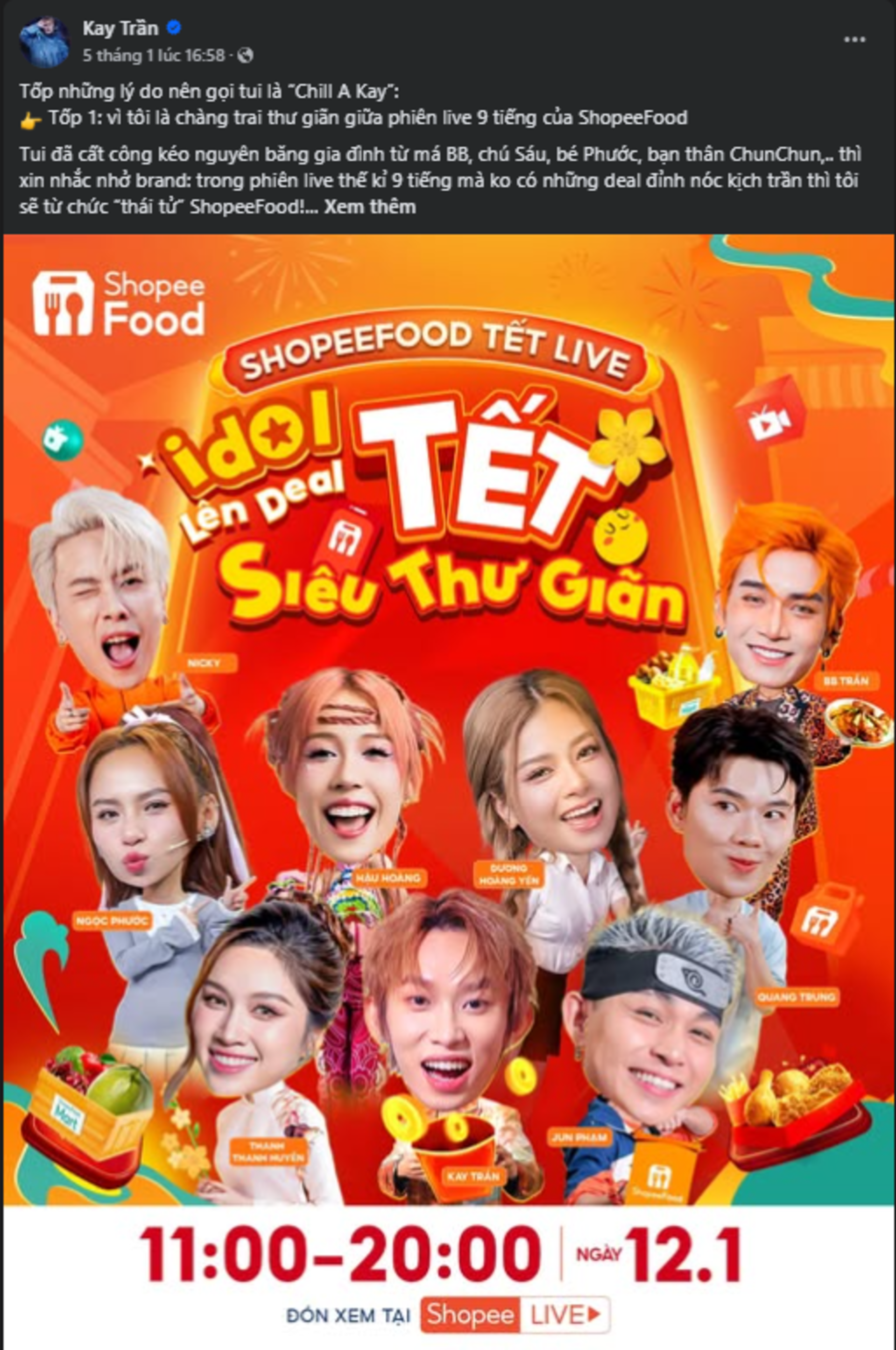 Sau “Kiểu A Kay”, Kay Trần đổi nghệ danh “Chill A Kay” tại phiên livestream ShopeeFood Tết Live - ảnh 1