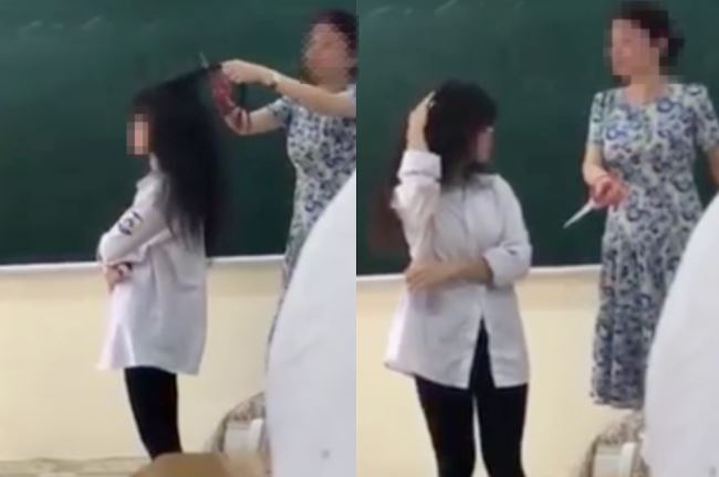 Đoạn clip cô giáo cắt tóc nữ sinh ngay trên bục giảng đang gây tranh cãi.