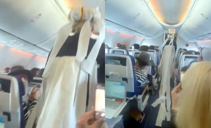 Khoảnh khắc cô dâu diện váy cưới làm từ giấy vệ sinh, tiến đến chú rể của mình trên máy bay.