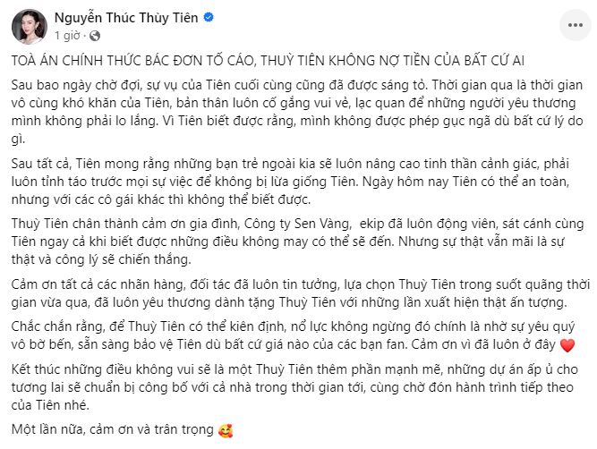 Thùy Tiên lên tiếng sau khi tòa bác đơn kiện của bà Thùy Trang.