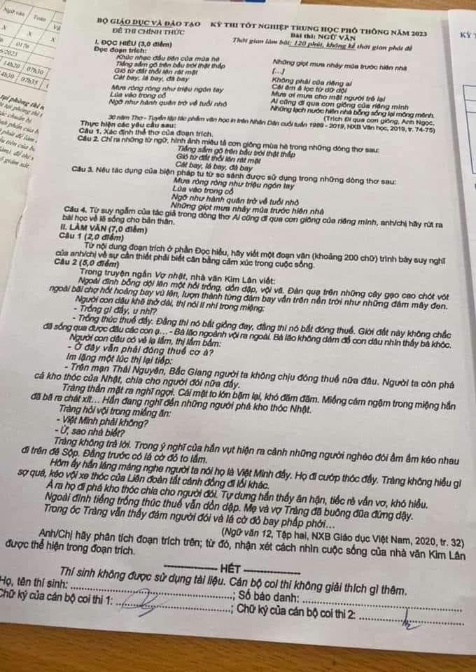 Đề thi môn Ngữ văn THPT Quốc gia năm nay.