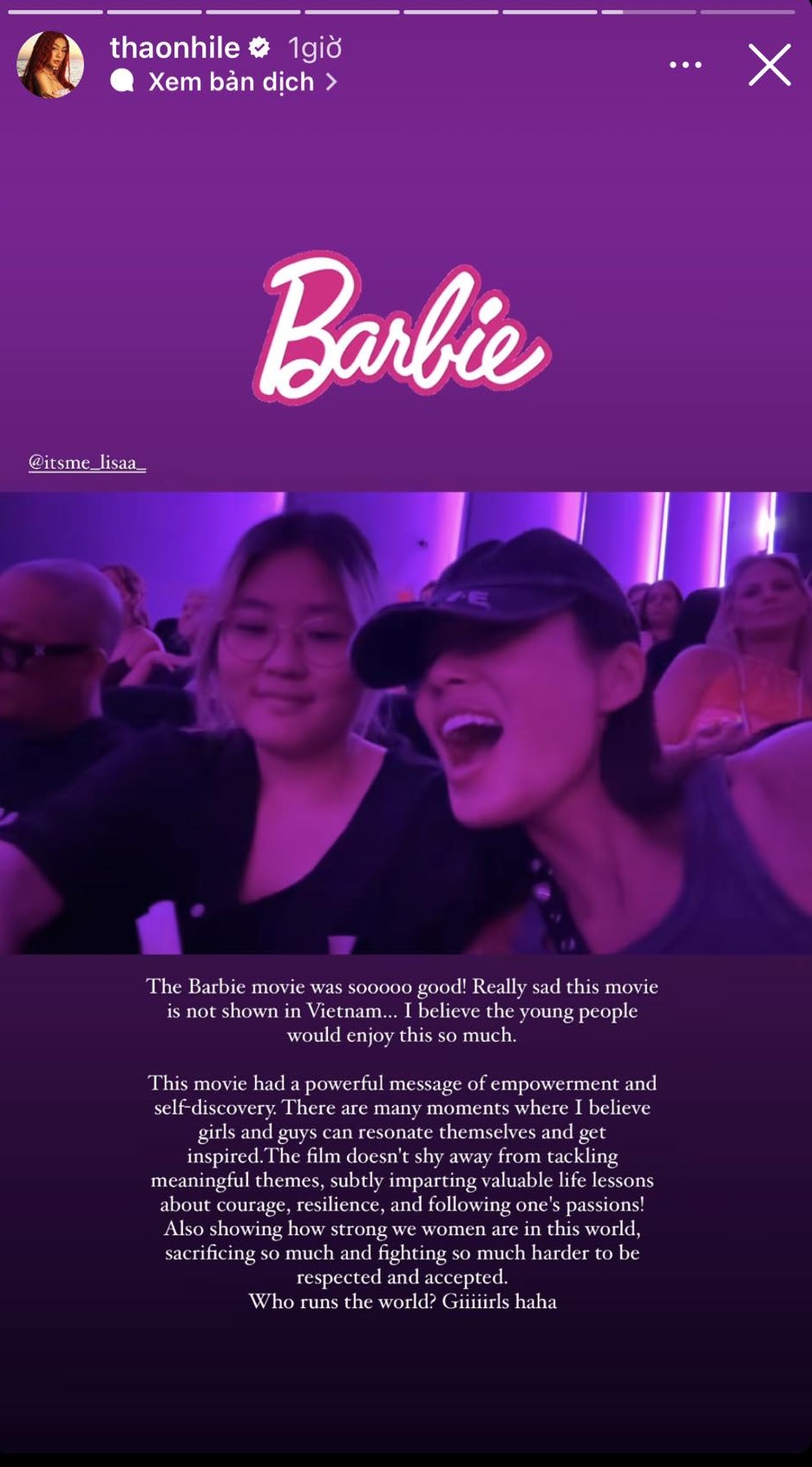 Story Thảo Nhi Lê dành lời khen cho bộ phim 'Barbie'.