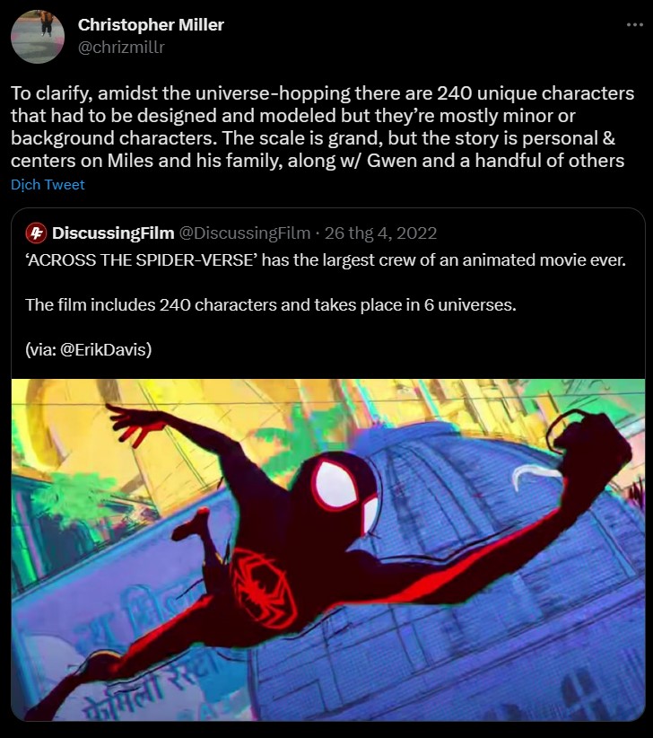 Christopher Miller xác nhận có đến 240 nhân vật trong Spider-Man: Across the Spider-Verse.