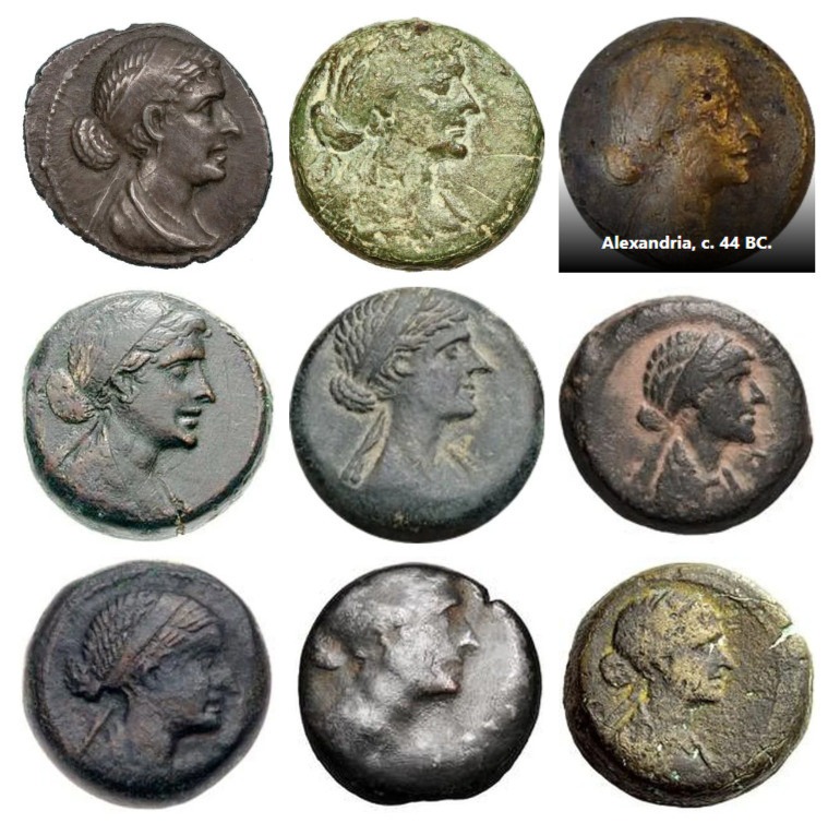 Một số đồng xu cổ khắc họa hình ảnh Nữ hoàng Cleopatra. Ảnh: Archaeologist.