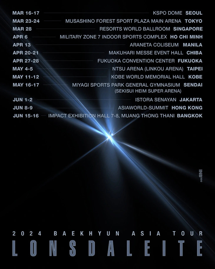 Danh sách các đêm diễn sắp tới của Baekhyun trong chuyến lưu diễn châu Á có tên điểm đến TP.HCM của Việt Nam - Ảnh: INB100